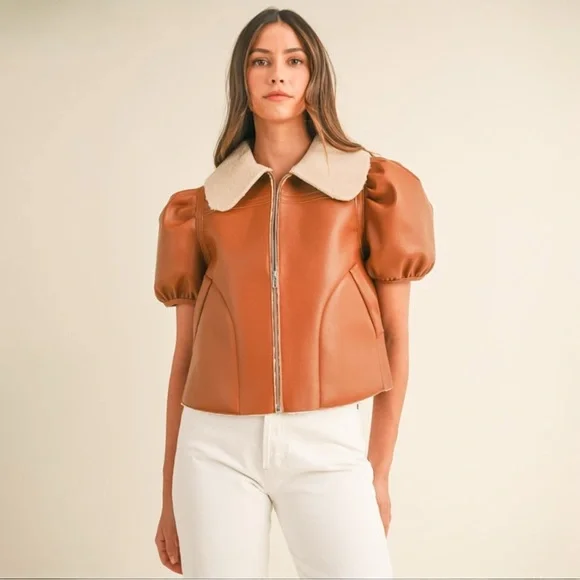 Shearling Lined Camel Puff Sleeve Cropped Leather Jacket with Peter Pan Collar - Picture 1 of 10